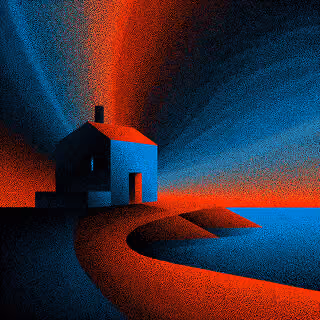 Small house at the end of a winding path under contrasting red and blue lighting, representing foundational brand identity and direction.