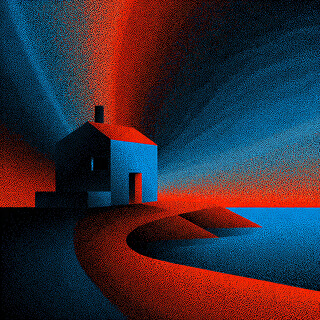 Small house at the end of a winding path under contrasting red and blue lighting, representing foundational brand identity and direction.