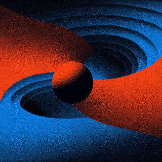 Sphere balanced between two opposing curved surfaces, symbolizing tension between change and consistency in brand evolution.