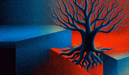 Tree growing across split terrain with exposed roots, symbolizing deep brand foundations and long-term equity.