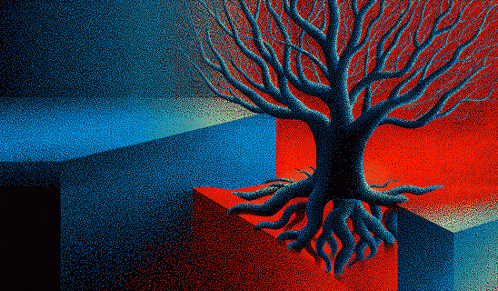 Tree growing across split terrain with exposed roots, symbolizing deep brand foundations and long-term equity.