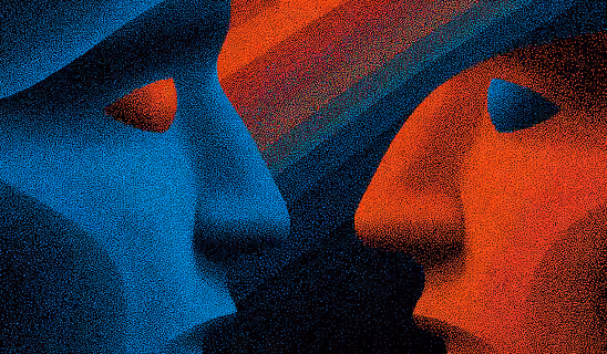 Two abstract faces facing each other in contrasting colors, representing alignment between brand identity and audience perception.
