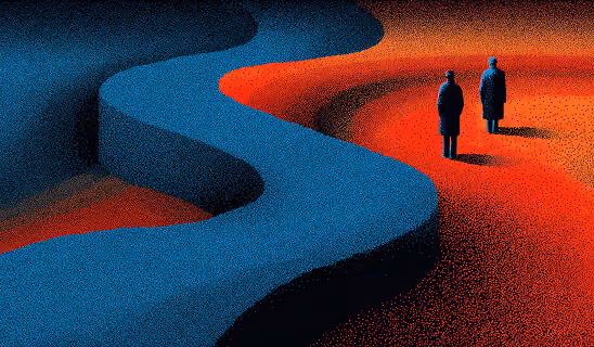 Two figures walking along a winding path through contrasting landscapes, representing guided brand transition and continuity.