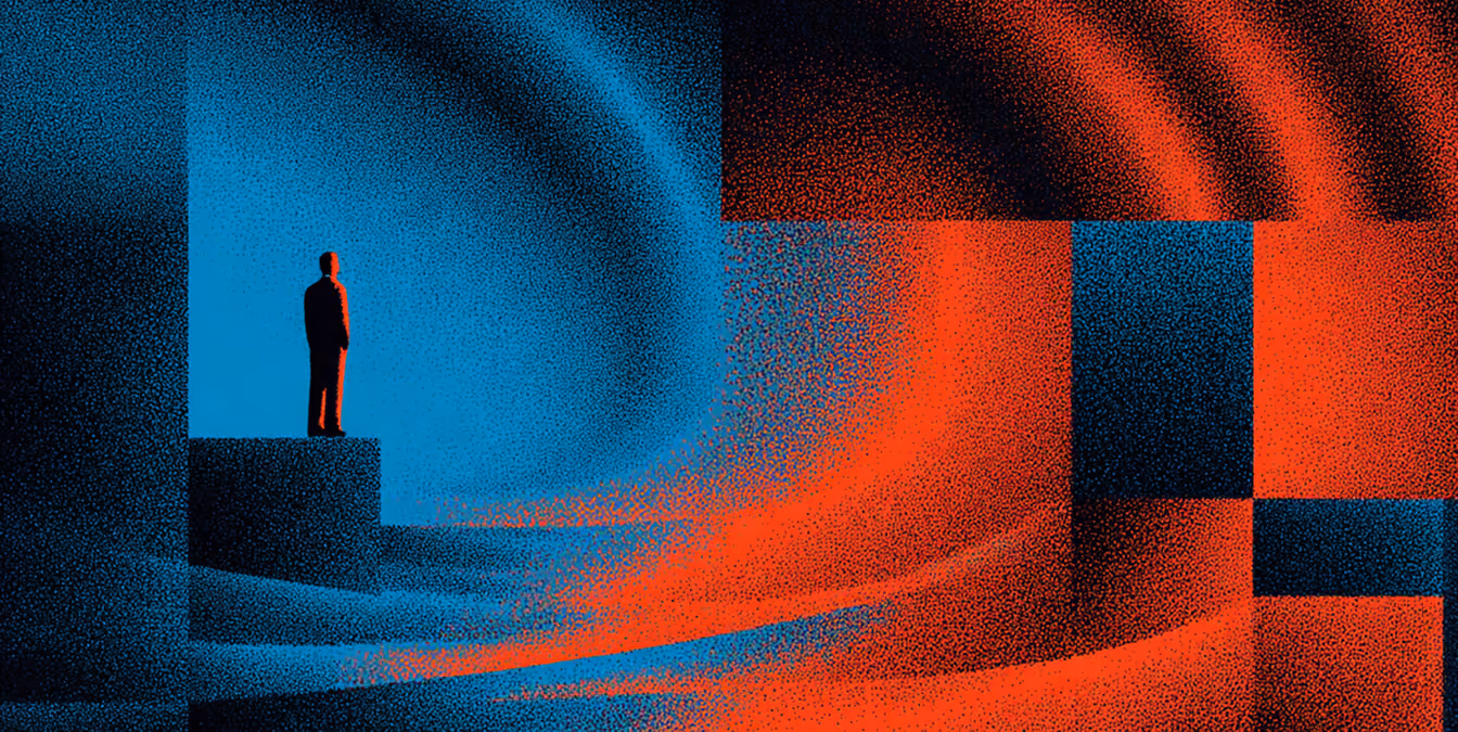 Single figure standing at the edge of contrasting red and blue environments, representing evaluation of brand positioning and risk.