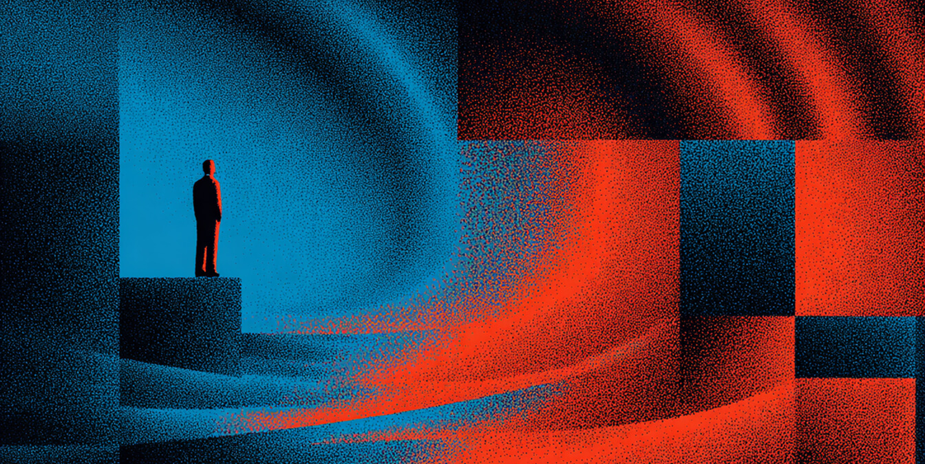 Single figure standing at the edge of contrasting red and blue environments, representing evaluation of brand positioning and risk.