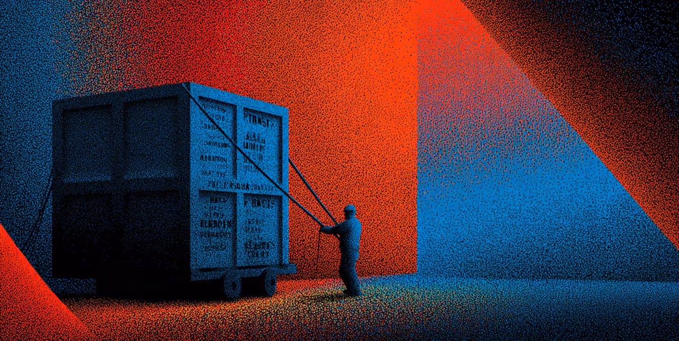 Person pulling a large crate through a structured space with strong lighting contrast, symbolizing the effort required to preserve and carry brand equity through change.