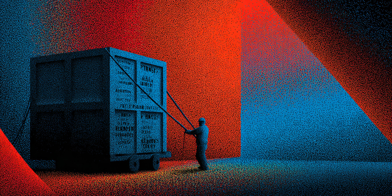 Person pulling a large crate through a structured space with strong lighting contrast, symbolizing the effort required to preserve and carry brand equity through change.