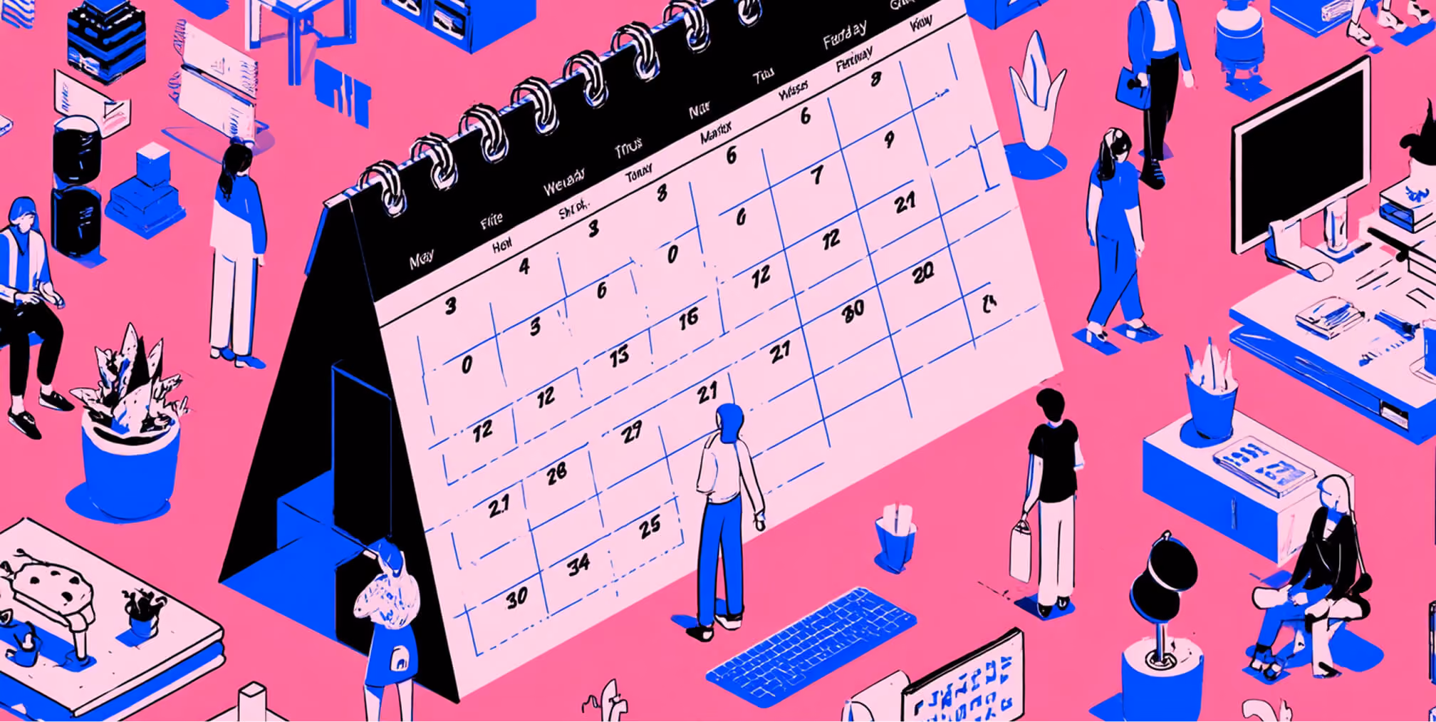 Large desk calendar surrounded by people and workspaces, representing structured planning and coordinated execution of a rebrand rollout.