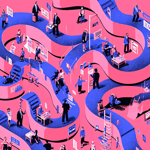 Complex winding path filled with teams and tasks, representing the interconnected steps required in a rebrand rollout.