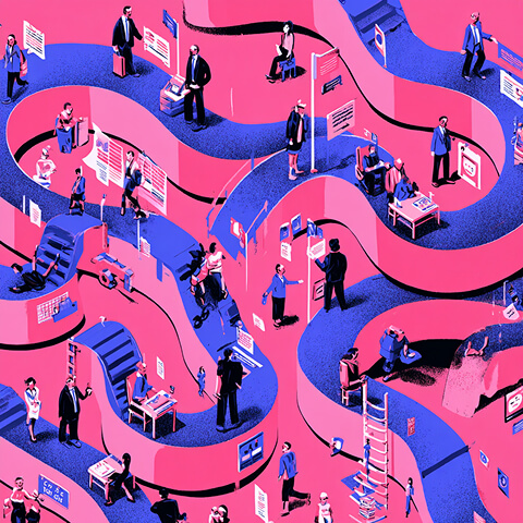 Complex winding path filled with teams and tasks, representing the interconnected steps required in a rebrand rollout.