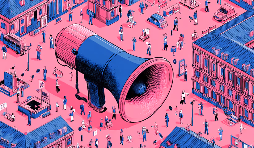 Large megaphone in a city with people gathered around, representing brand announcement and communication during rollout.