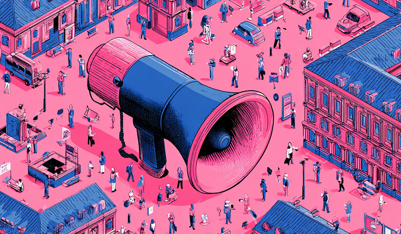 Large megaphone in a city with people gathered around, representing brand announcement and communication during rollout.