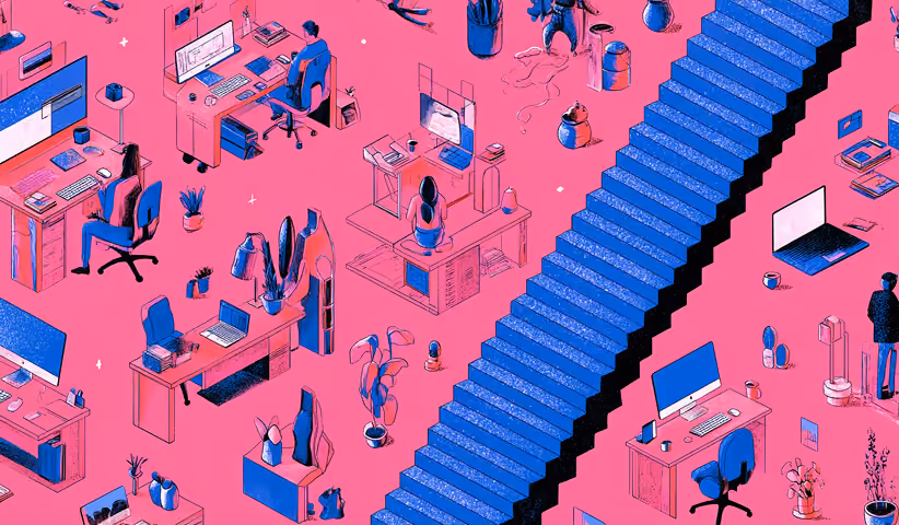 Workspace with desks, tools, and a staircase dividing areas, representing scaling rollout efforts across departments.