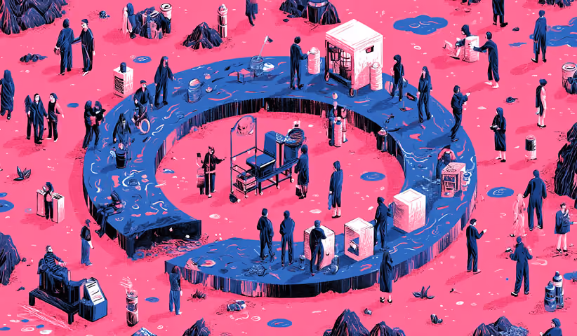 Circular platform with people interacting around a central system, representing feedback loops and internal coordination.