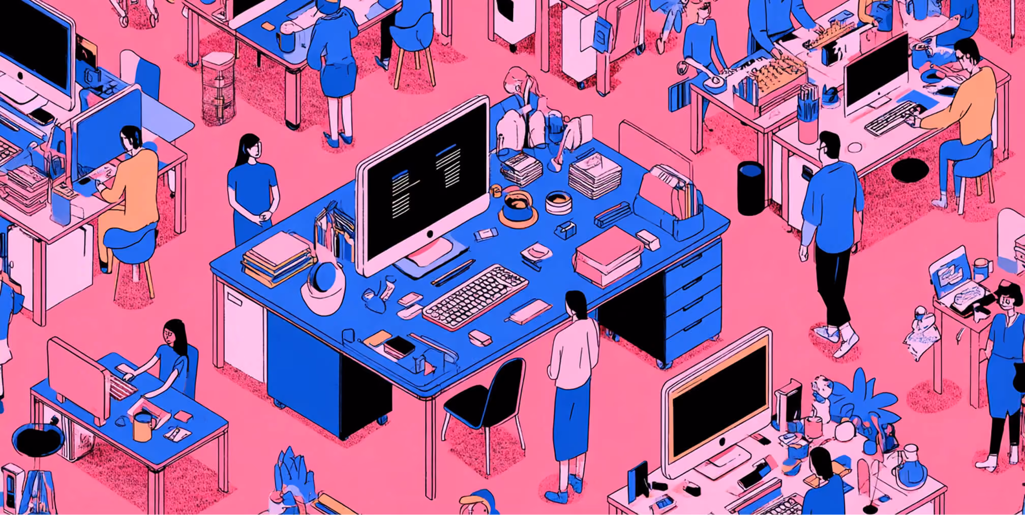 Office scene centered around a large workstation with people collaborating, representing optimization and refinement during rollout.