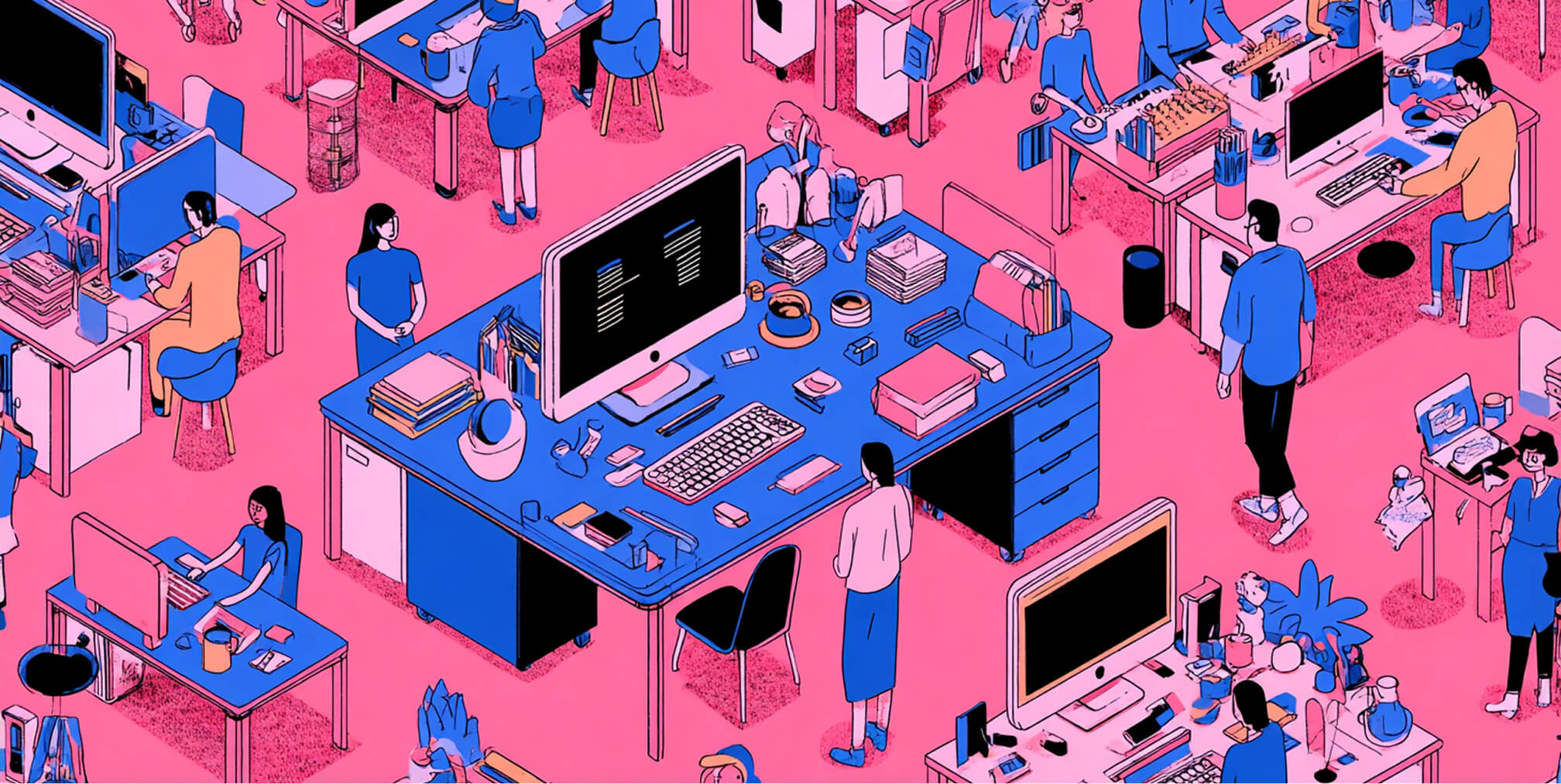Office scene centered around a large workstation with people collaborating, representing optimization and refinement during rollout.