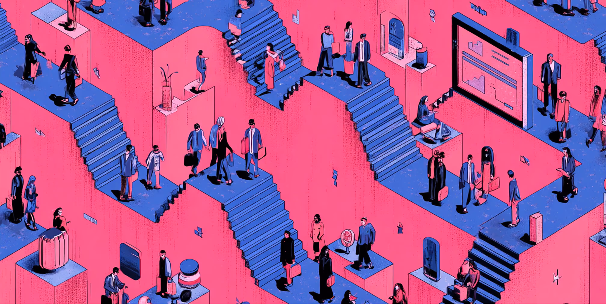 Multiple staircases with people moving in different directions, representing long-term adoption and ongoing evolution after the rebrand launch.