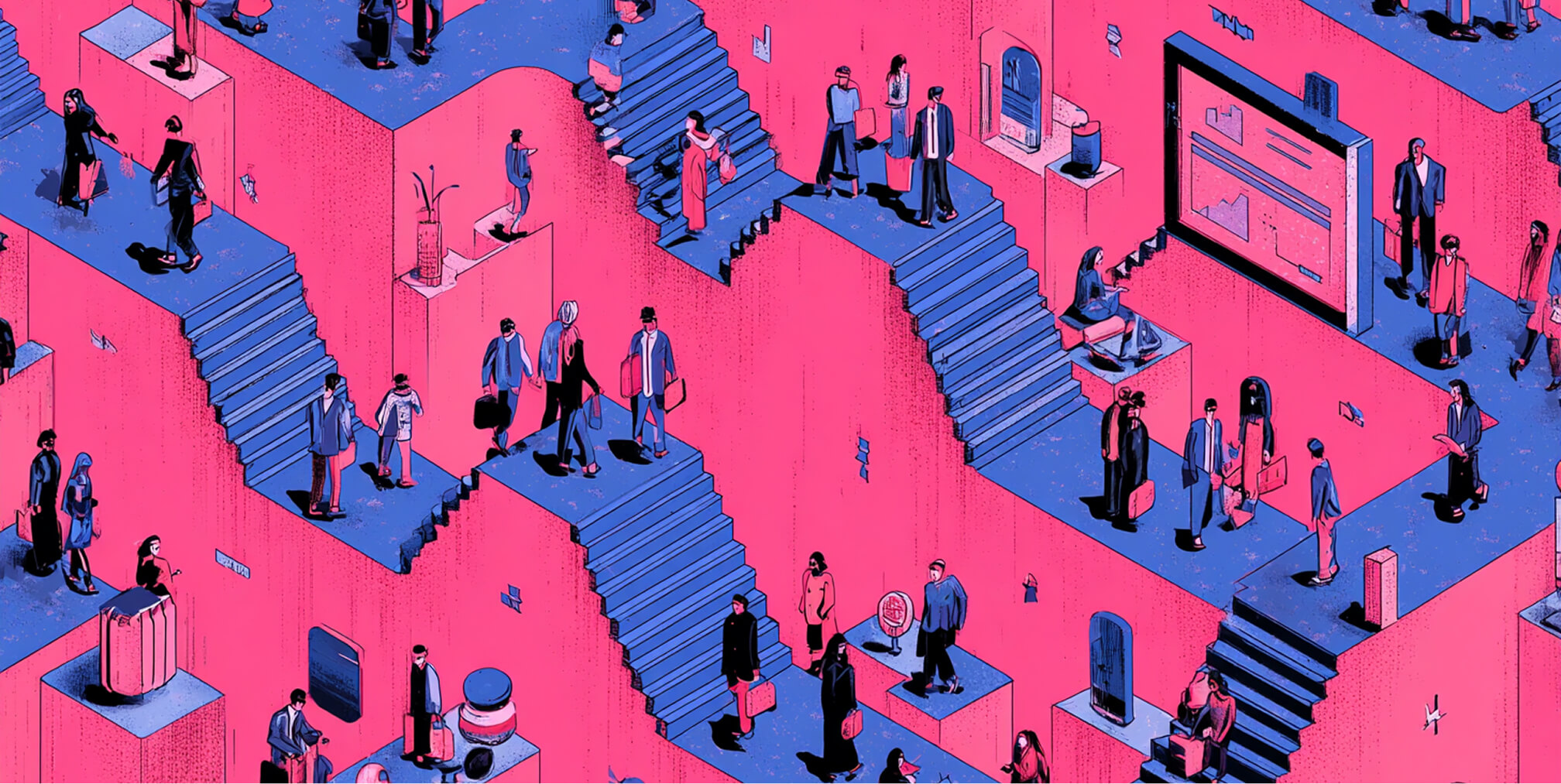 Multiple staircases with people moving in different directions, representing long-term adoption and ongoing evolution after the rebrand launch.