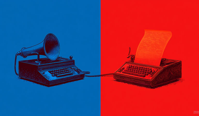 Split image of a megaphone and typewriter, representing different channels used to communicate a rebrand announcement.