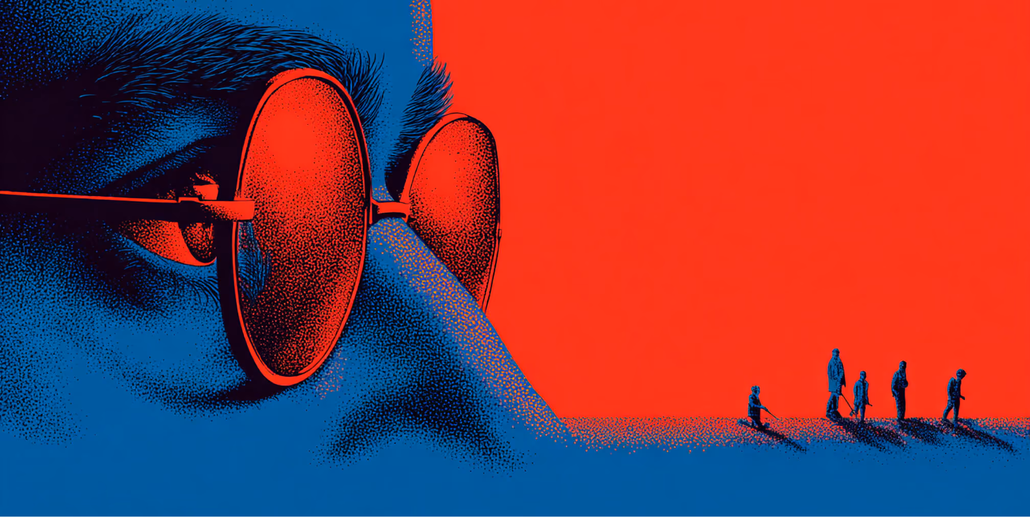 Close-up of a face with large glasses observing a group in the distance, representing monitoring audience perception and feedback.
