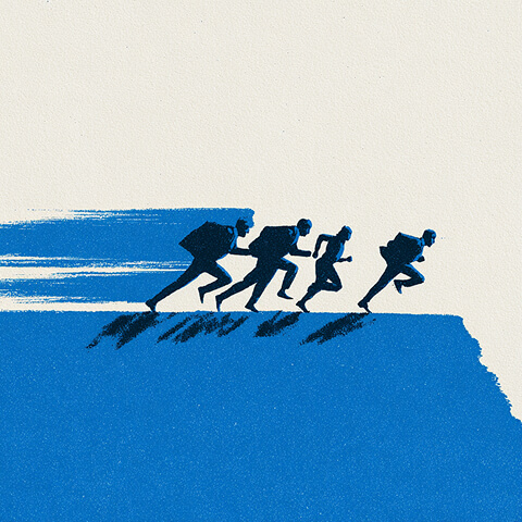 Silhouettes of people running in sequence, representing momentum and the pace of progressing through a rebrand timeline.
