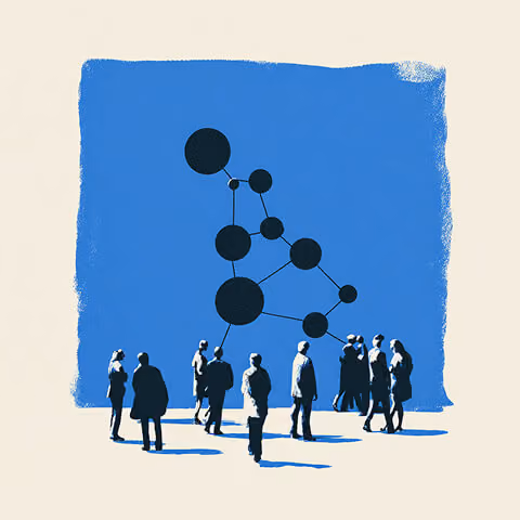 Group of people observing a connected network diagram, representing strategic alignment and stakeholder input in early rebrand planning.