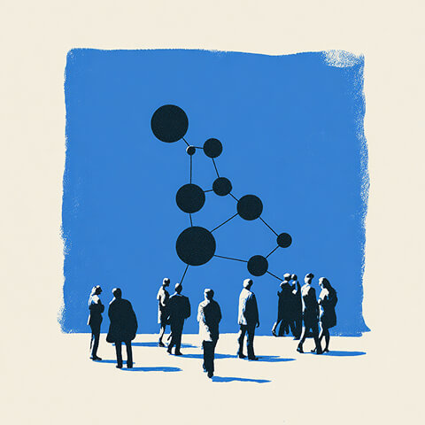 Group of people observing a connected network diagram, representing strategic alignment and stakeholder input in early rebrand planning.