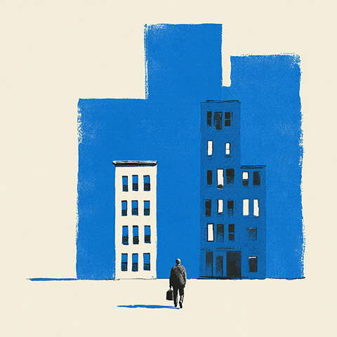 Individual walking toward simplified building shapes, representing entering a structured phase of brand development.