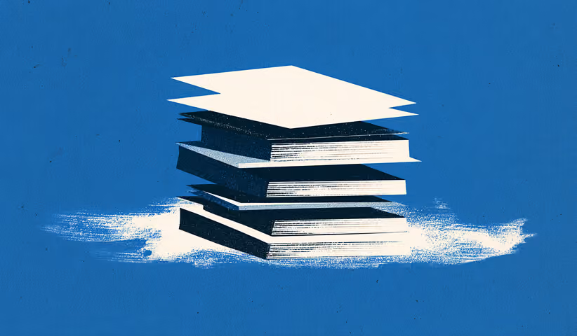 Stack of layered documents or pages, representing research, documentation, and foundational work in a rebrand process.