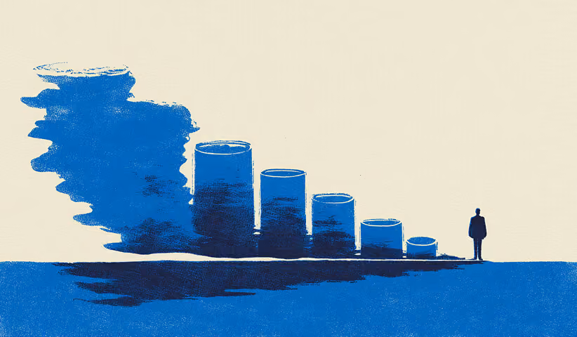 Series of rising cylindrical bars casting long shadows, representing phased growth and the time investment required across stages.