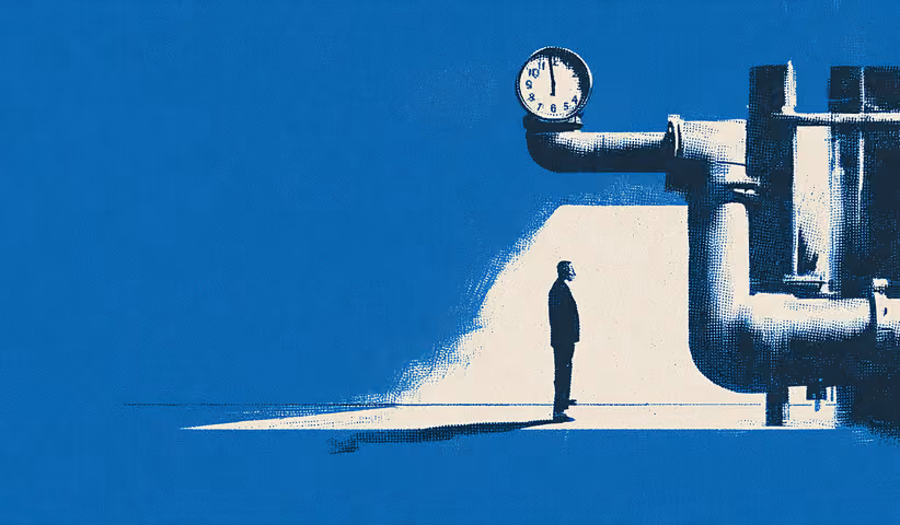 Person standing near industrial pipes and a clock, representing operational complexity and timing dependencies in execution.