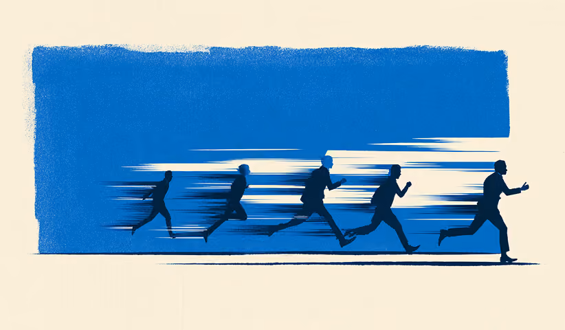 Figures ascending a staircase in sequence, representing step-by-step progression through rebrand phases.