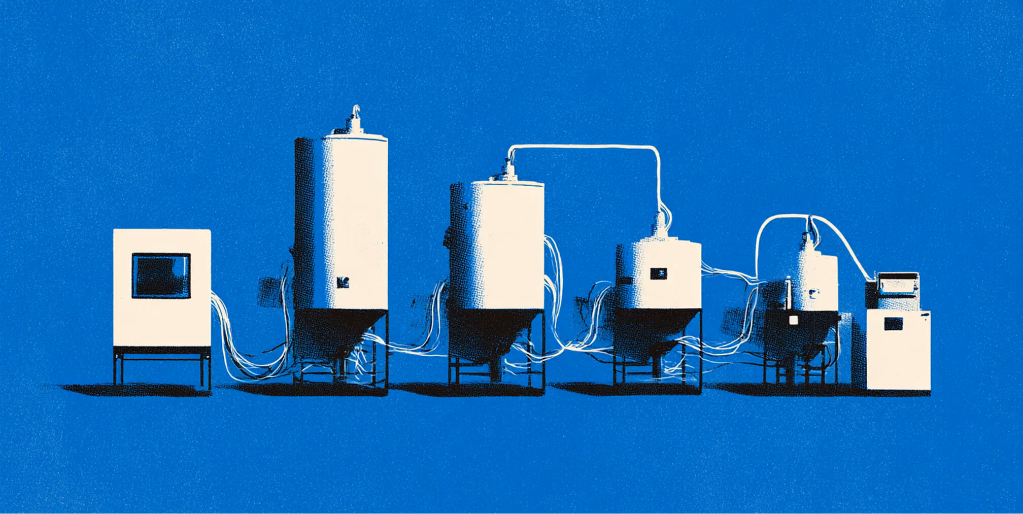 Connected machines and systems in a row, representing integrated processes and coordinated efforts required to complete a rebrand.