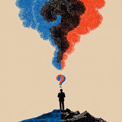 Figure standing beneath a large question mark formed by contrasting colors, representing confusion and uncertainty in brand strategy.