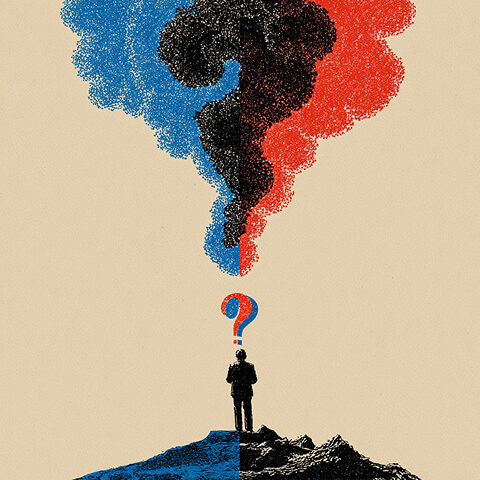 Figure standing beneath a large question mark formed by contrasting colors, representing confusion and uncertainty in brand strategy.