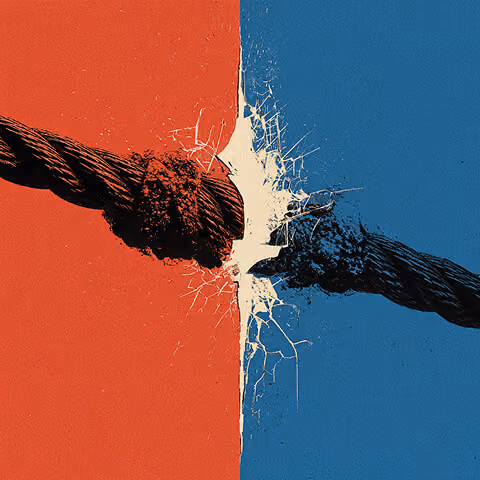 Two ropes snapping apart at the center, representing broken alignment and internal disconnect during a rebrand.