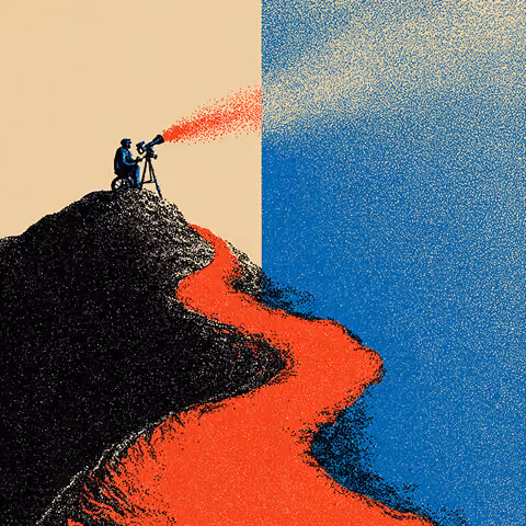 Person using a telescope from a hill overlooking a winding path, representing unclear direction and lack of long-term vision in rebranding.