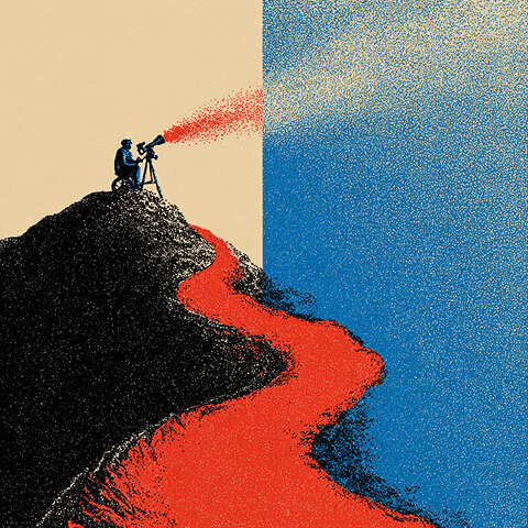 Person using a telescope from a hill overlooking a winding path, representing unclear direction and lack of long-term vision in rebranding.