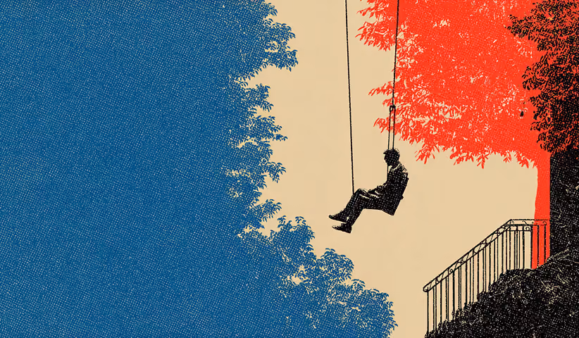 Person on a swing suspended between contrasting environments, representing instability and lack of consistency in brand identity.