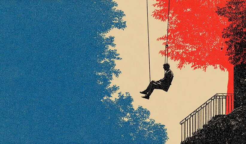 Person on a swing suspended between contrasting environments, representing instability and lack of consistency in brand identity.