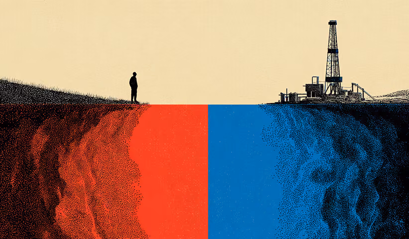 Person standing between two contrasting terrains with industrial structures, representing misalignment between vision and execution.