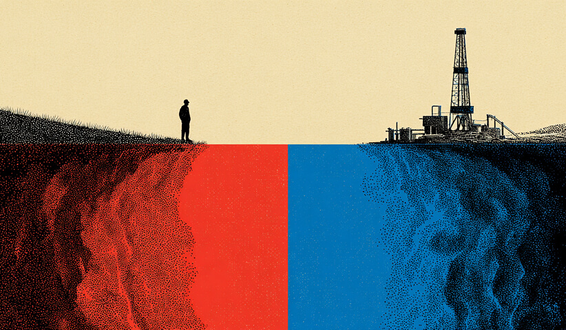 Person standing between two contrasting terrains with industrial structures, representing misalignment between vision and execution.