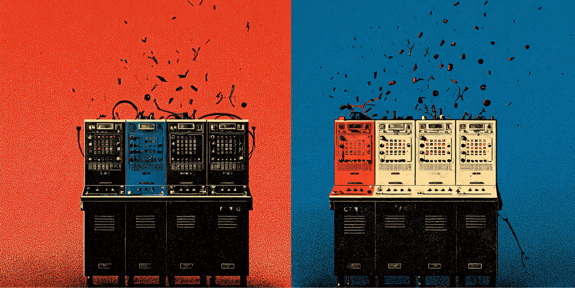 Control panels breaking apart into fragments, representing breakdown in systems and execution during a rebrand rollout.