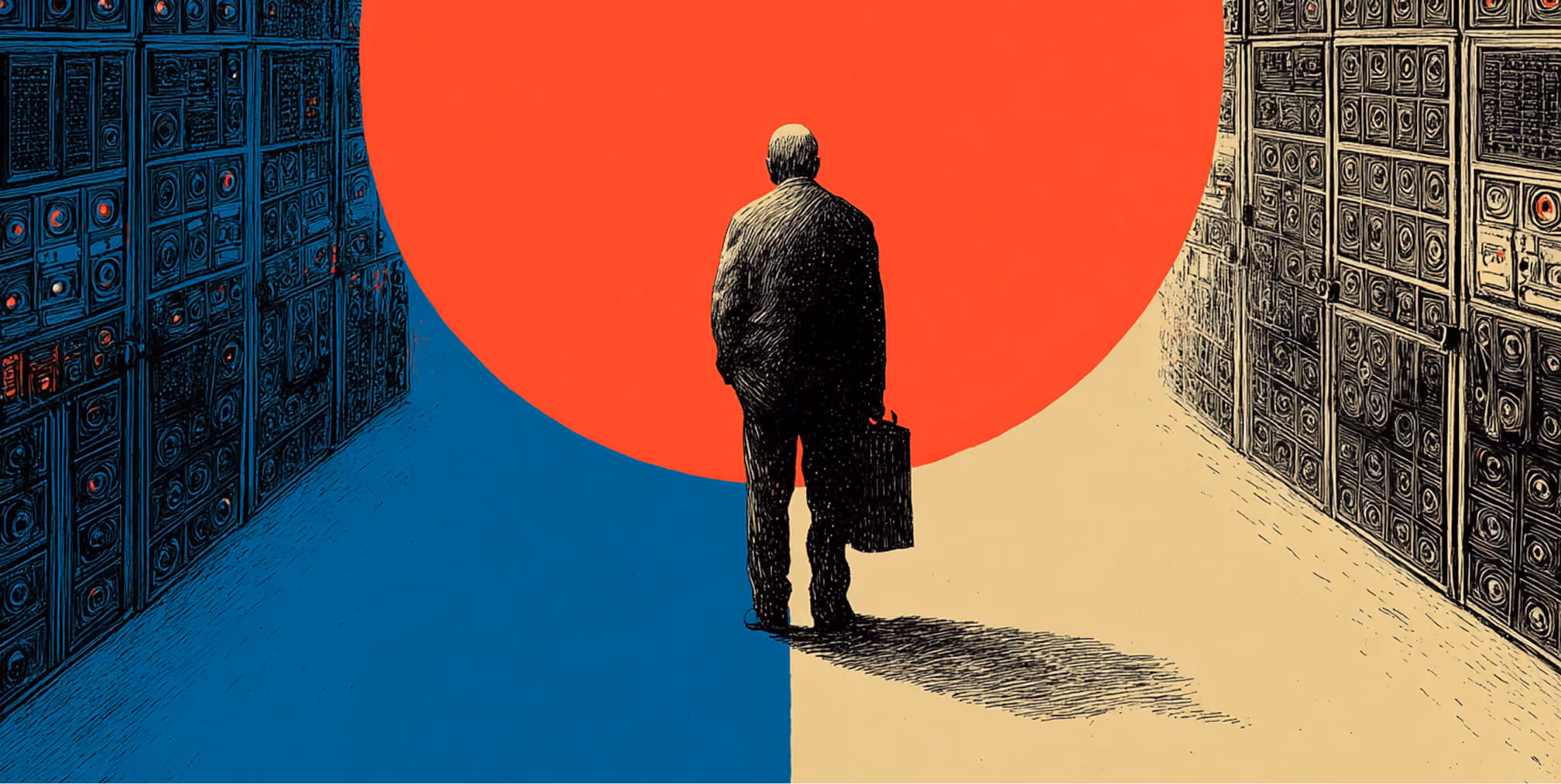 Individual standing between two walls of complex systems facing a bold central divide, representing decision paralysis and risk at the final stage of rebranding.