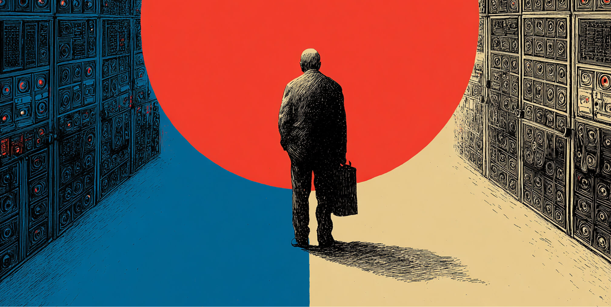 Individual standing between two walls of complex systems facing a bold central divide, representing decision paralysis and risk at the final stage of rebranding.