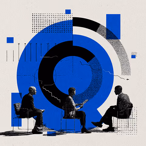 Three professionals seated in discussion around a circular graphic, representing strategy, collaboration, and data-driven decision-making in ad campaigns.