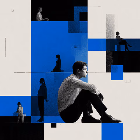 Multiple individuals positioned within a grid of blue and black blocks, representing fragmented audiences and the complexity of targeting in modern advertising.