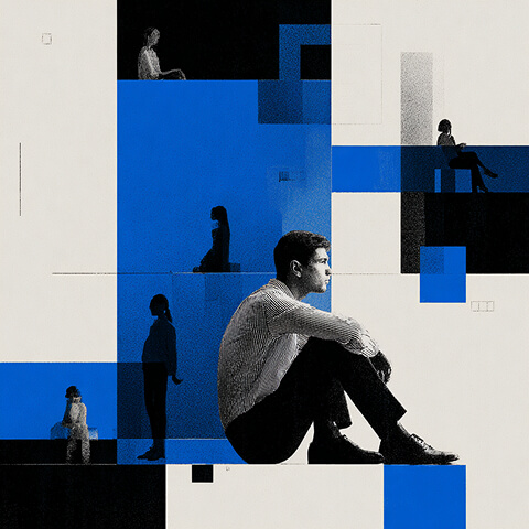 Multiple individuals positioned within a grid of blue and black blocks, representing fragmented audiences and the complexity of targeting in modern advertising.