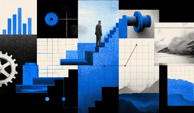 Person ascending abstract steps surrounded by charts and mechanical elements, representing optimization, systems, and scaling ad performance.