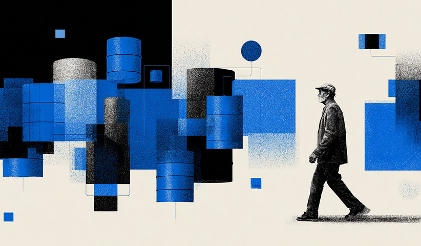 Individual walking past interconnected shapes and data blocks, representing automation and the flow of data within ad ecosystems.
